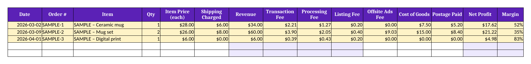 ShopTally orders tab (sample data)
