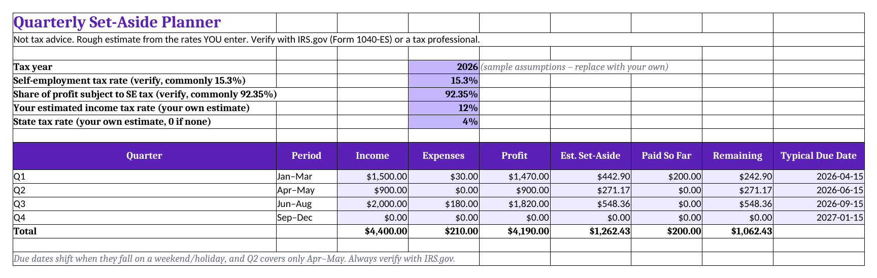 QuarterSet planner tab (sample data)
