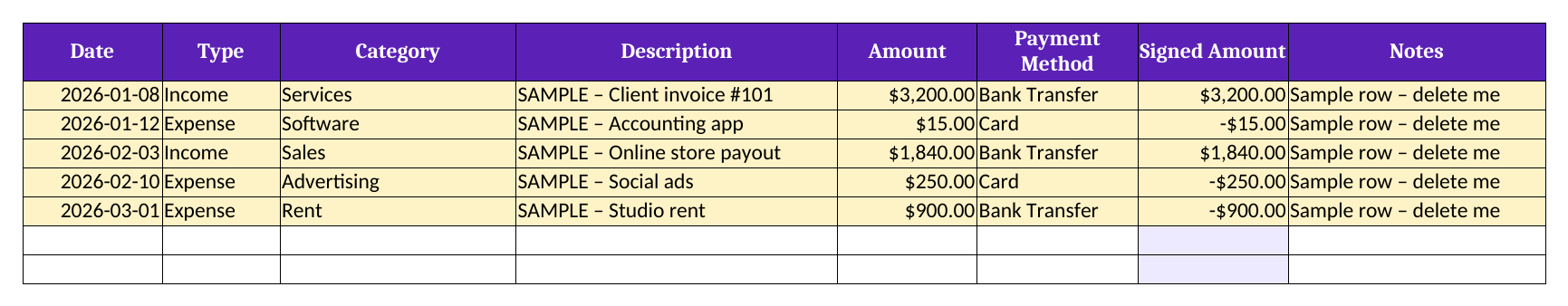 LedgerLite transactions tab (sample data)